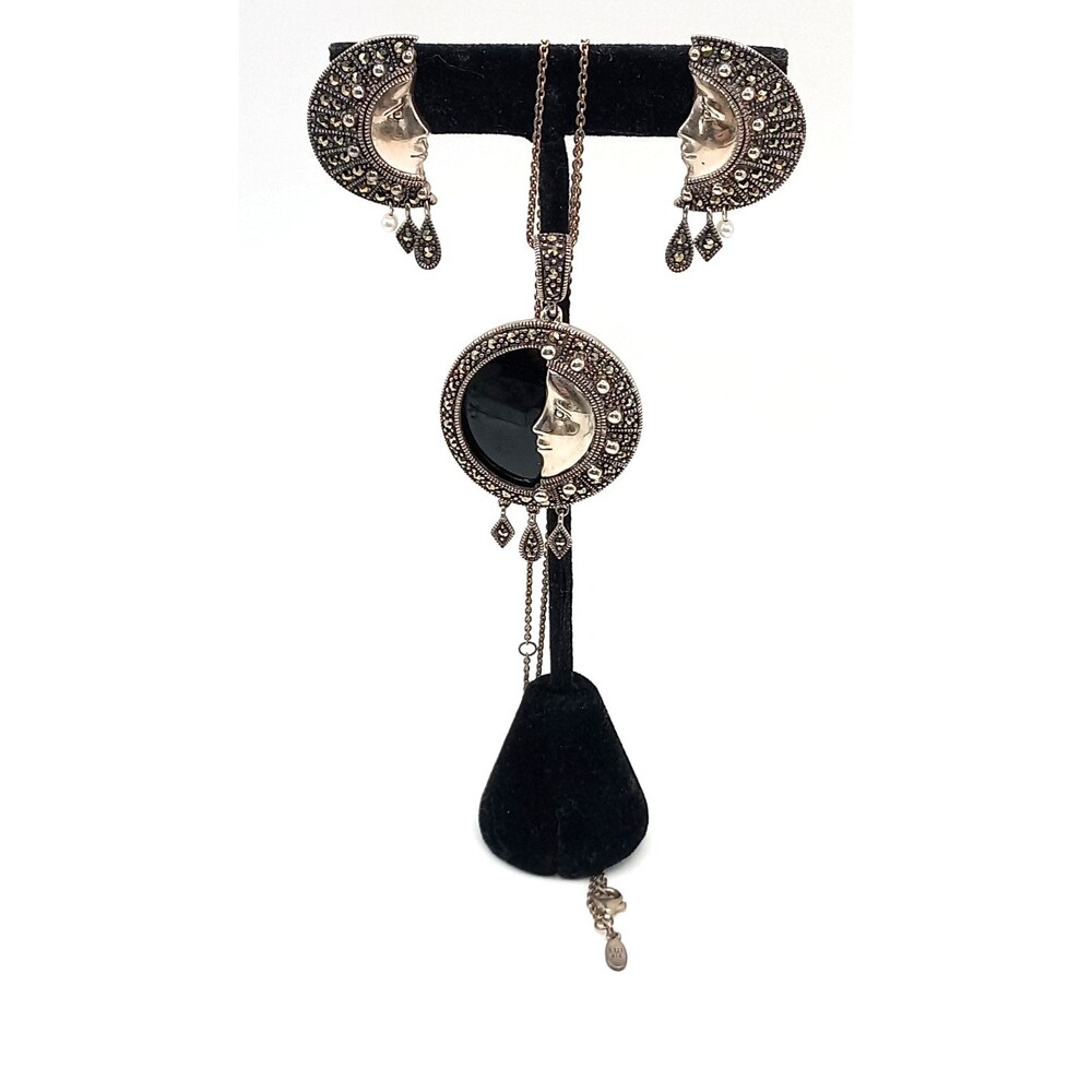 Celestial Sterling Pendant Necklace Earrings  Black Onyx Marcasite Man-in-Moon - Picture 3 of 12